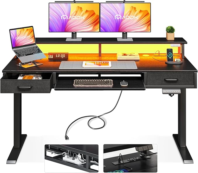 AODK Electric Standing Desk with Drawers & Keyboard Tray, 55 Inch Height Adjustable Desk with Power Outlets & LED Lights, Sit Stand Table with Monitor Stand for Home, Office, Black