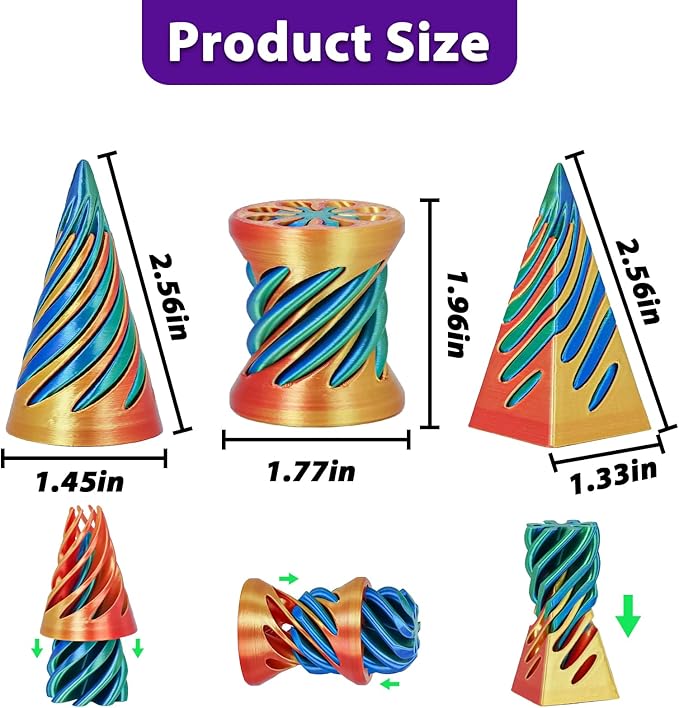 3 Packs Impossible Spiral Cone Fidget Toys,3D Printed Pyramid Passthrough Sculpture,Mini Sensory Toy for Stress Relief Anxiety Relaxation,Desktop Decor Gifts for Adults & Kids (Green Red)