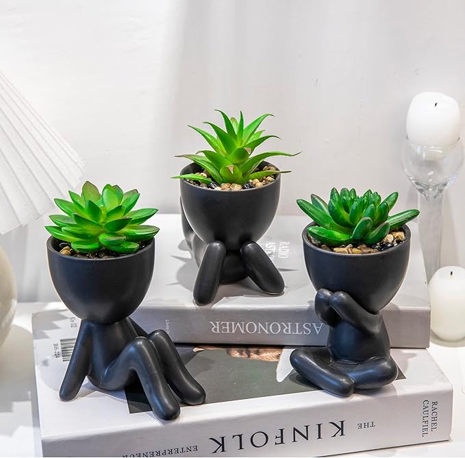 3PCS Human-Shaped Potted Artificial Plants Office Decor for Women and Men, Small Fake Plants Decor for Bedroom and Bathroom, Cute Faux Succulent Desk Decor for Office and Home, Black