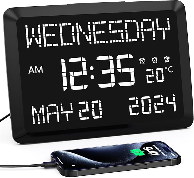 11.5” Digital Wall Clock with Date,Time,Week,Indoor Temperature,3 Alarms,5 Dimmer,2 USB Chargers,Battery Backup,Snooze,12/24H for Elderly,Parents,Impaired Vision,Dementia,Memory Loss,Office,Bedroom