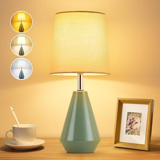 Small Bedside Table Lamp for Bedroom - Reading Desk Lamp with 3 Color Temperatures，15.5" Nightstand Ceramic Lamp with Fabric Shade for Kids Room,Living Room,Dorm,Home Office (Green)