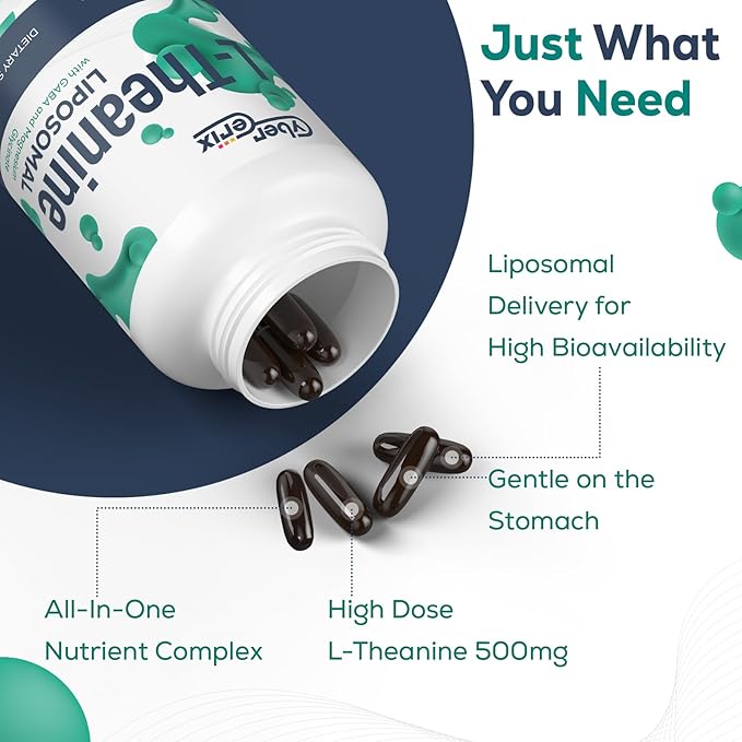 Liposomal L-Theanine 500mg, Complex with GABA 200mg & Magnesium 100mg, Extra Strength Supplement for Calm, Relaxation & Focus, Gluten Free - 60 Capsules