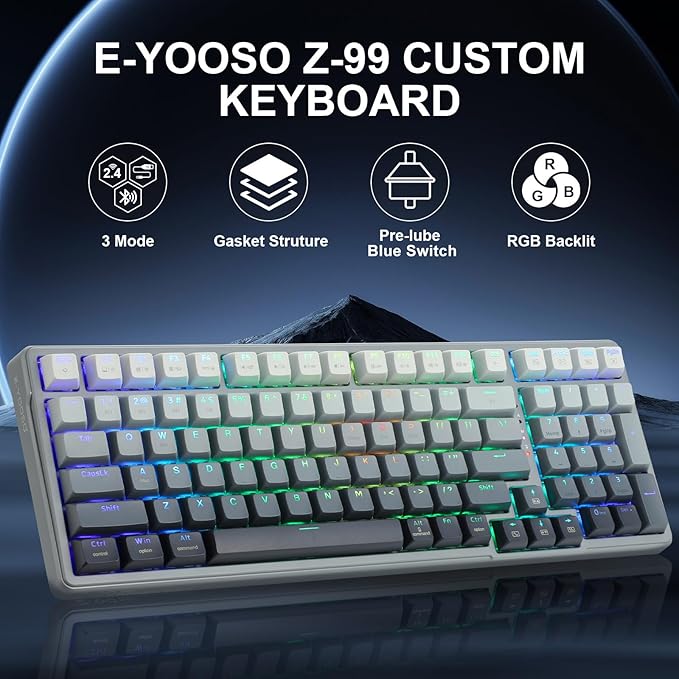 HUO JI E-YOOSO Wireless Mechanical Keyboard, Hot Swappable, Pre-lubed Blue Switches, Gasket Structure, Bluetooth/2.4GHz/USB-C, RGB Backlit,PBT Keycap Custom Gaming Keyboard for PC (Gray)