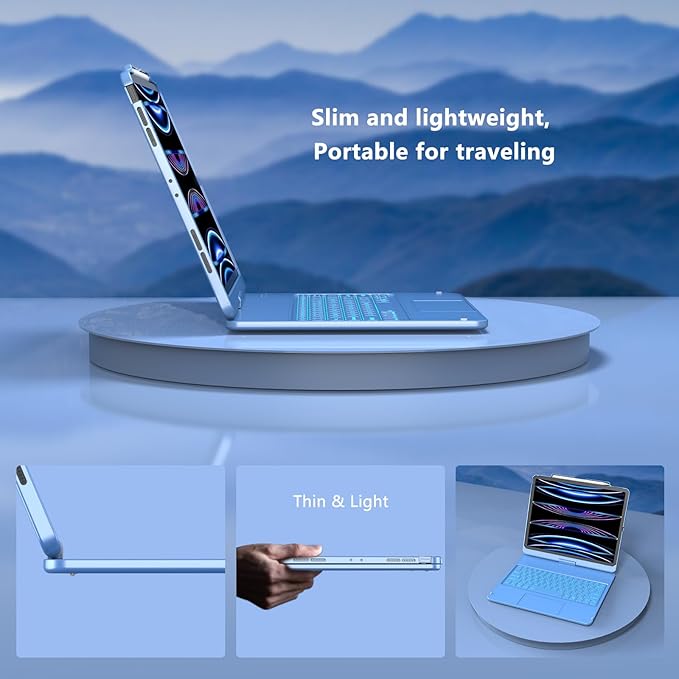 Keyboard Case for iPad Air 13 inch (M3/M2, 2025/2024), Backlit Keyboard for iPad Pro 12.9” inch (4th Gen 2020/ 3th Gen 2018) - Touch Trackpad - 360° Protective Case with Pencil Holder (Ocean Blue)