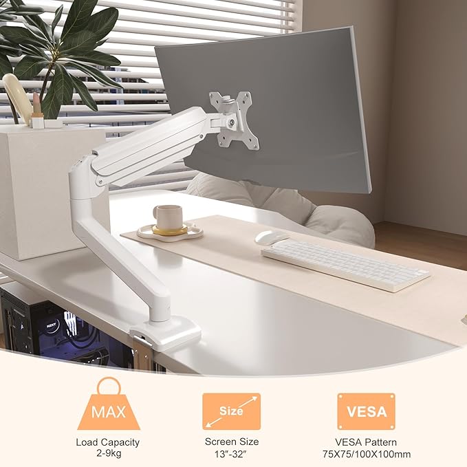 suptek Single Monitor Mount for 13-32 inch, Adjustable Gas Spring Monitor Arm Desk Mount Stand, 4.4-19.8lbs Screen, with VESA Mount 75x75/100x100mm,White(MD01AW)