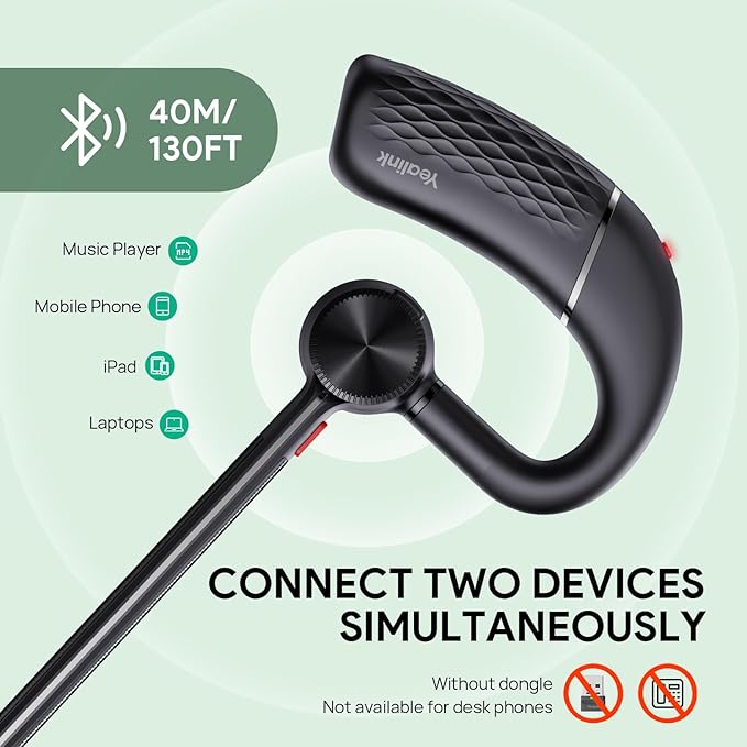 Yealink Bluetooth Headset BH71 Lite,Wireless Bluetooth Earpiece for Cell Phone，Single Ear Headset with Noise Canceling Mic for Office/Driving/Business,10Hrs Talktime,Mute