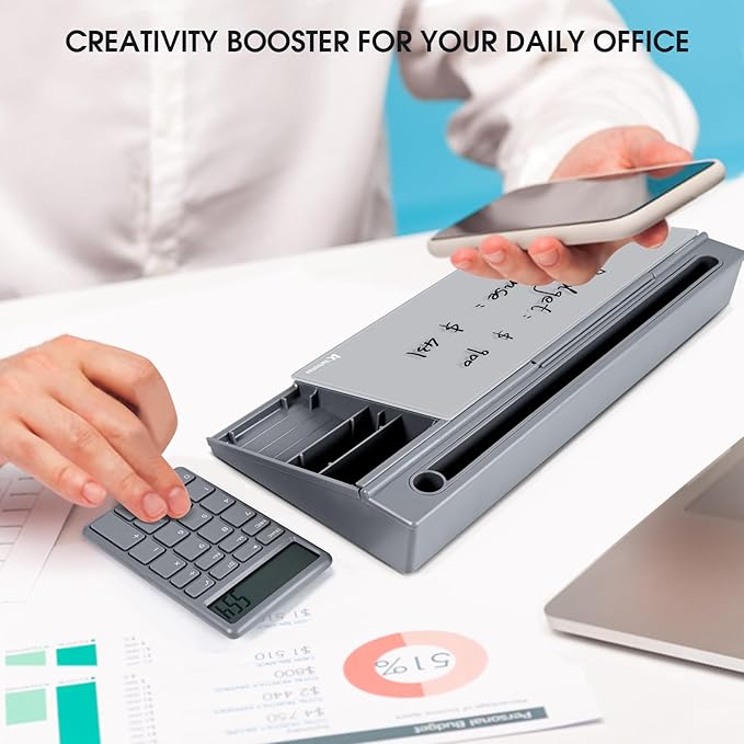 Varhomax Glass Desk Whiteboard Gray with Calculator, Desktop Organizer Dry Erase White Board with Storage, to Do List Memo Notepad for Home Office and School Supplies