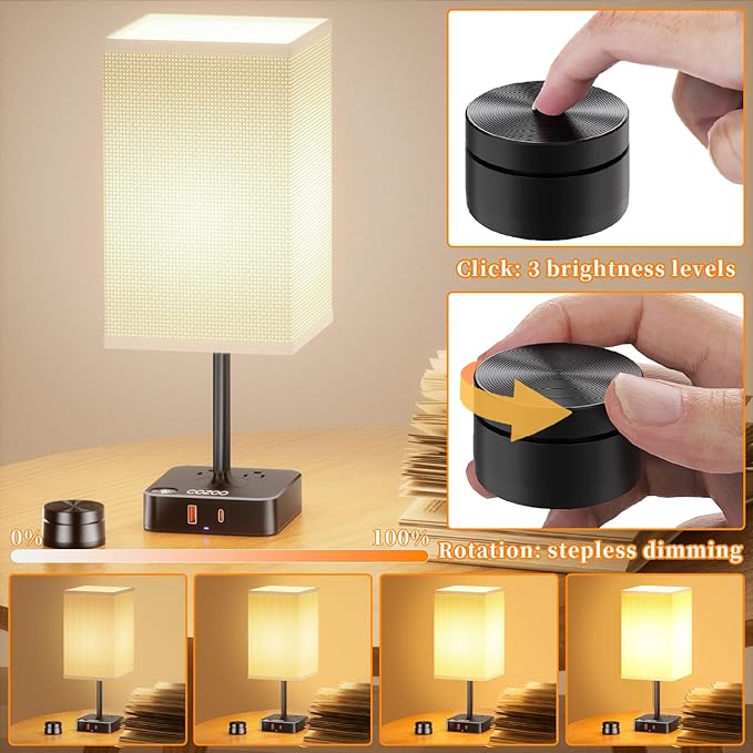 Remote Control Bedside Lamp with USB-C & USB-A Charging Ports, 2 AC Outlets, Stepless Dimming Nightstand Lamp for Bedroom- Touch & Remote Control,Warm Soft Light Table Lamp for Home, Office,Decoration