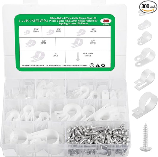300PCS White Cable Clamps Assortment Kit, Nylon Plastic R-Type 6 Sizes 3/16'' 1/4'' 3/8'' 1/2'' 3/4'' 1'' Cable Mounting Wire Clips Fastener with M4 Screws for Wire Management