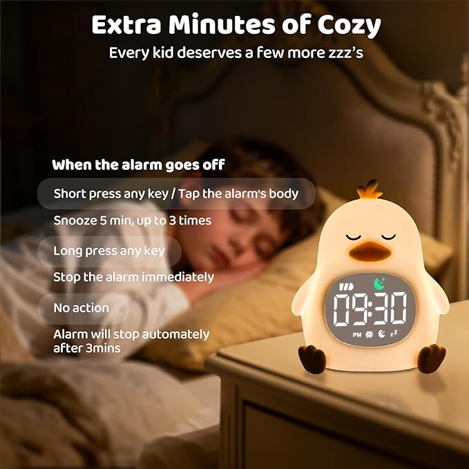 Sleepy Duck Alarm Clock with Night Light for Kids with Sleep Training and Sound Machine, Rechargeable Silicone Lamp OK to Wake Clock，Cute Animal Tabletop Lamp, Perfect Sleep Companion for Boys Girls
