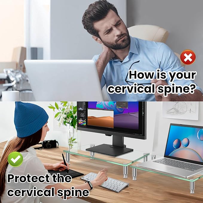 Tempered Glass Monitor Riser with Height Adjustable, Clear Computer Monitor Stand for Desk, Laptop TV, Desk Organization, 2Pcs, 15L x9.45W x3.75H Inches