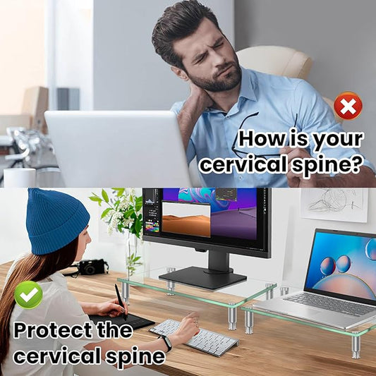 Tempered Glass Monitor Riser with Height Adjustable, Clear Computer Monitor Stand for Desk, Laptop TV, Desk Organization, 2Pcs, 15L x9.45W x3.75H Inches