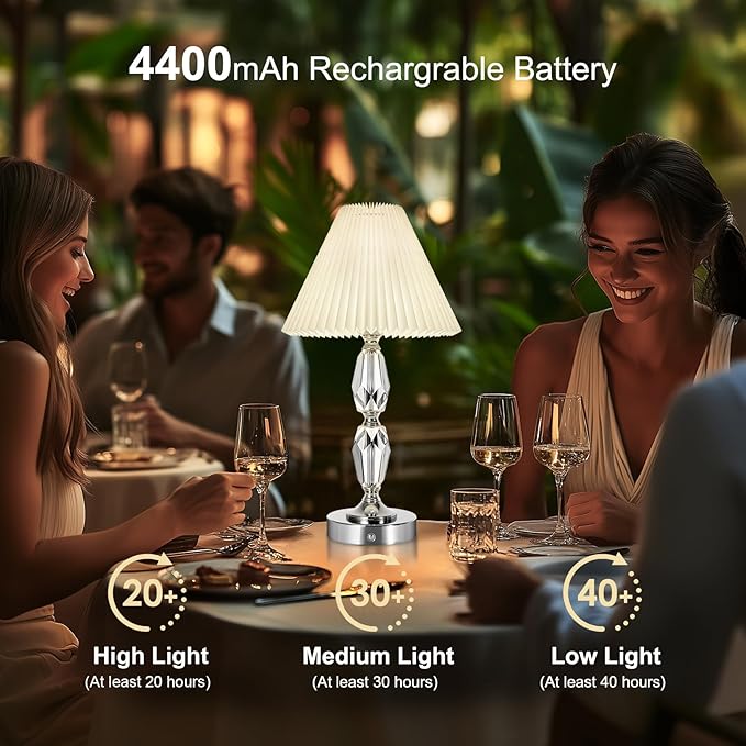 Rechargeable Table Lamp With Touch Dimmer,Acrylic Cordless Lamp with 4400mAh Battery Operated,3-Level Brightness,Pleated Linen Fabric Shade,Portable Cordless Table Lamp for Dinner,Patio(Bulb Included)
