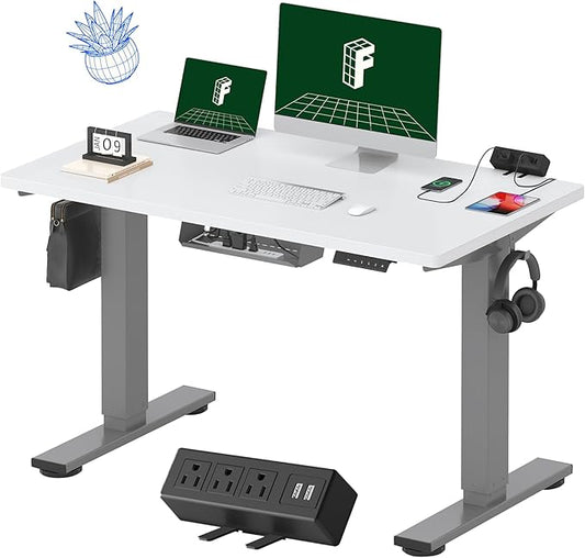 FLEXISPOT EN2 Whole-Piece Standing Desk with Clamp Power Strip, 48 x 24'' Electric Stand Up Height Adjustable Desk with Cable Management (Gray Frame + 48" White Desktop, 2 Packages)