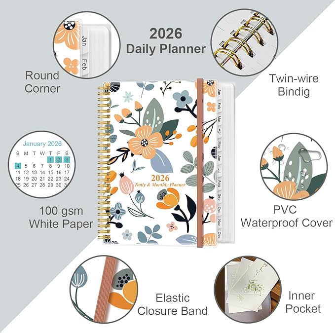 2026 Daily & Monthly Planner - One Page Per Day, Daily Planner from January 2026 - December 2026, Planner 2026 with 12 Monthly Tabs, 8.5" x 11", Rose Flower