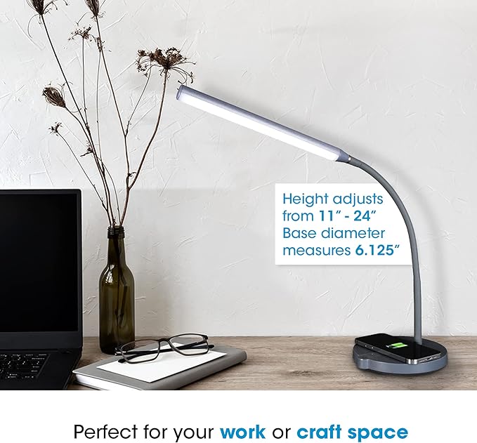 Ottlite Stretch LED Desk Lamp with Wireless Charging - ClearSun LED Technology, 3 Color Temperature Modes with Touch Sensitive Controls & Flexible Gooseneck Arm for Home, Office & Dorms