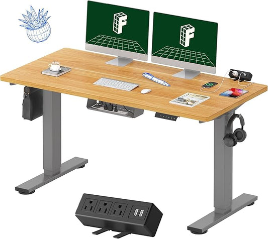 FLEXISPOT EN2 Whole-Piece Standing Desk with Clamp Power Strip, 55 x 28 Electric Stand Up Height Adjustable Desk with Cable Management (Gray Frame + 55" Maple Top, 2 Packages)