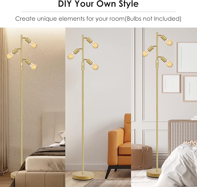BoostArea Tree Floor Lamp, Brass Gold Industrial Floor Lamp, Modern Standing Lamp with Adjustable 3 Light, E26 Socket, Rotary Switch, Boho Stand Up Lamp Pole Lamps for Living Room, Bedroom (No Bulbs)