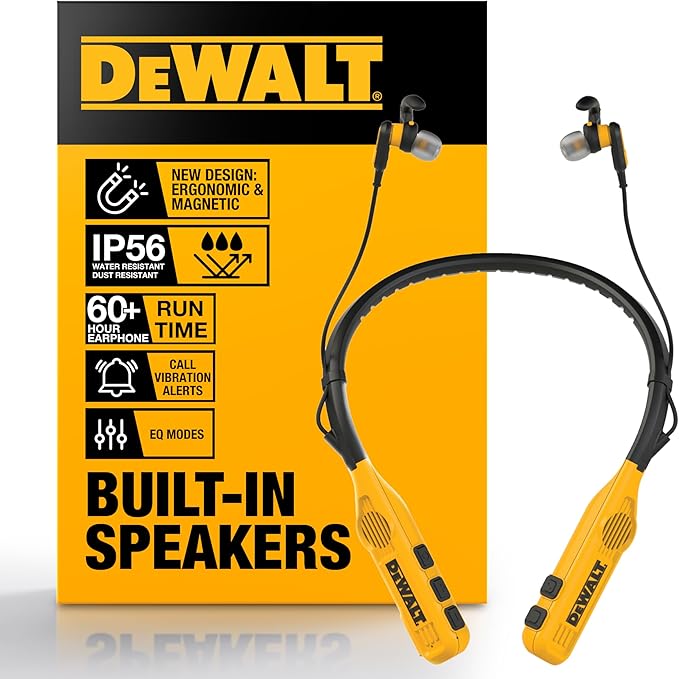 DEWALT Heavy Duty 2-in-1 Neckband Bluetooth Headphones w/Built-in Speakers, Jobsite Wearable Speaker & Around Neck Headphones, Wireless Bluetooth Headset, 60+ Hrs Hands-Free Music/Calls, Carry Pouch