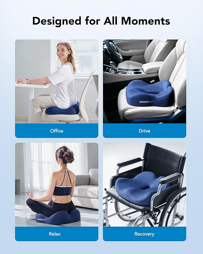 HUANUO Ergonomic Seat Cushion, Memory Foam Cooling Gel Office Chair Cushion for Hip Support, Tailbone Pressure Relief, Breathable Car Seat Cushion for Home, Work, Driving