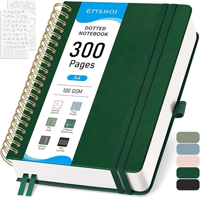 EMSHOI Bullet Dotted Journal Spiral Notebook - 300 Pages, A4 Hardcover Leather, 100 GSM Thick Dot Grid Notebook for Women Men Work Writing, Bullet Journaling, Drawing, 8.27" x 11.2", Dark Green