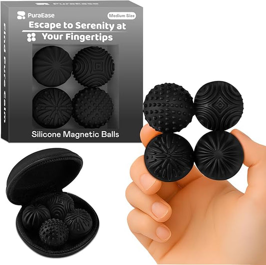 Magnetic Sensory Fidget Balls – 4PC Medium Weighted Textured Silicone Stress Relief Toys for Adults & Teens with ADHD, Autism, Anxiety – Quiet Magnet Fidgets for Desk, Travel, Office & Gifts