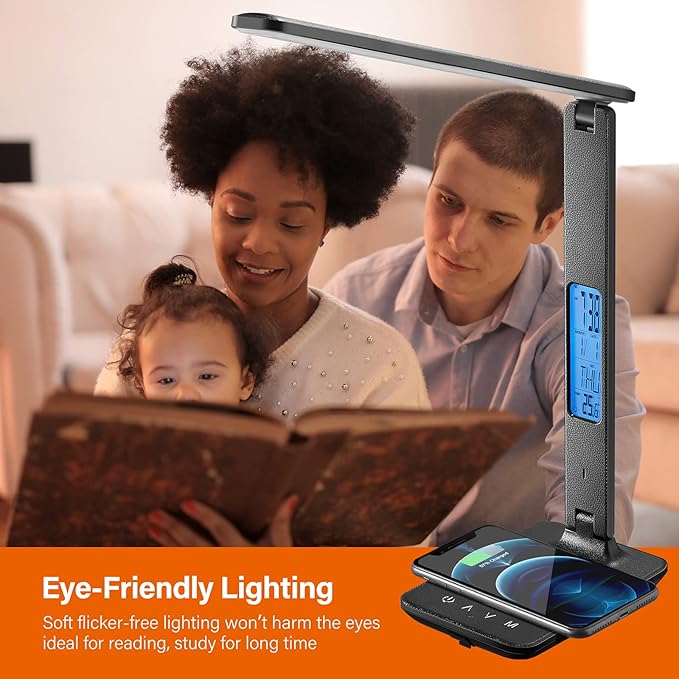 poukaran LED Desk Lamp with Wireless Charger, USB Charging Port, Table Lamp with Clock, Alarm, Date, Temperature, Desk Lamps for Home Office,Black