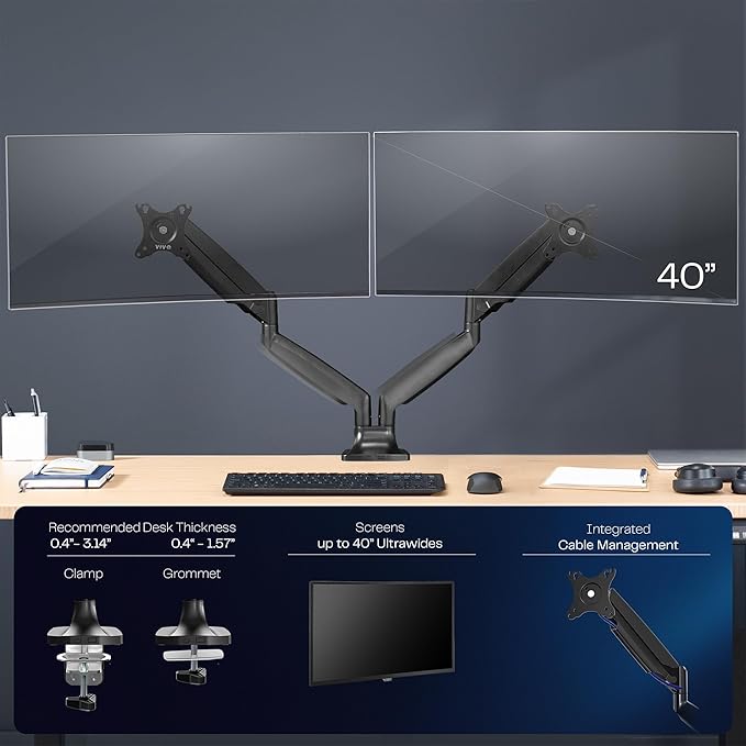 VIVO Premium Aluminum Heavy Duty Dual Monitor Arm for Ultrawide Monitors up to 40 inches and 30 lbs Each, Desk Mount Stand, Pneumatic Height, Max VESA 100x100, Black, STAND-V220Q