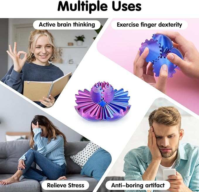 Gear Ball 3D Printed Cube Fidget Toy,Gear Sphere Fidget Toys,Sensory Toys for Stress and Anxiety Relief, Desk Toy Fidget Spinners,Stocking Stuffers for Adults & Kids Gift(Purple Blue, 2.3 Inch)