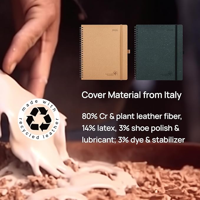 POPRUN 2026 Planner - 2026 Recycled Weekly Planner [Italian Regenrated Leather - Medium Size 8.5'' x 10.5''] - 2026 Weekly Planner with Hourly Schedule, Monthly Tabs,TJ-26-WERK7-DST - Desert Brown