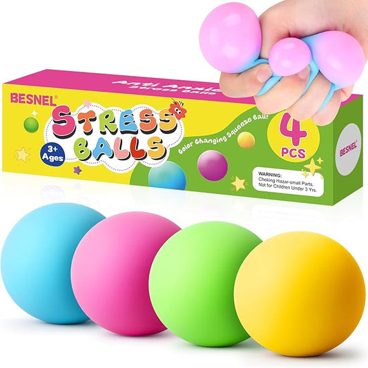 Stress Balls 4 Pack for Adults and Kids, Color Changing Squeeze Toys, Sensory Toys for Kids with Autism, Squishy Fidget Toys for Stress and Anxiety Relief, Prize for Classroom