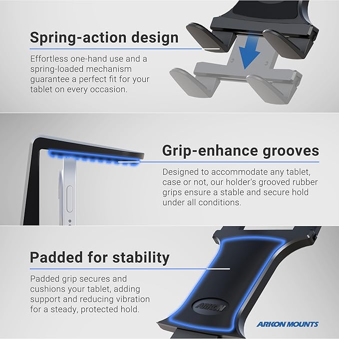 ARKON Mounts Heavy-Duty Clamp Slim-Grip Tablet Mount | Universal Tablet Fit | Solid C-Clamp | 360° Adjustable Viewing Angle | Compatible with iPad, Galaxy, Note, Tab, Pixel and more | TABRM086