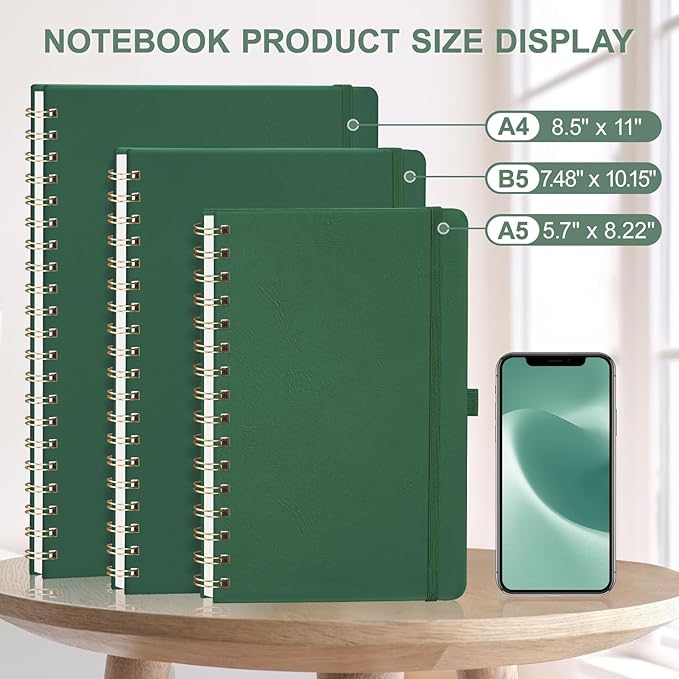 AHGXG Bullet Dotted Journal Spiral Notebook, Large B5 Dotted Notebook 140 Pages, Leather Hardcover, 100 GSM Thick Dot Grid Paper, Inner Pocket, for Bullet Journaling, 7.6" x 10", Green
