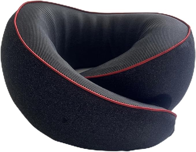 WANDER PLUS® Travel Neck Pillow, Pure Memory Foam Neck Pillow for Airplanes, Comfortable Breathable Cover, 360 Degree Support Ergonomic Design, Red and Black