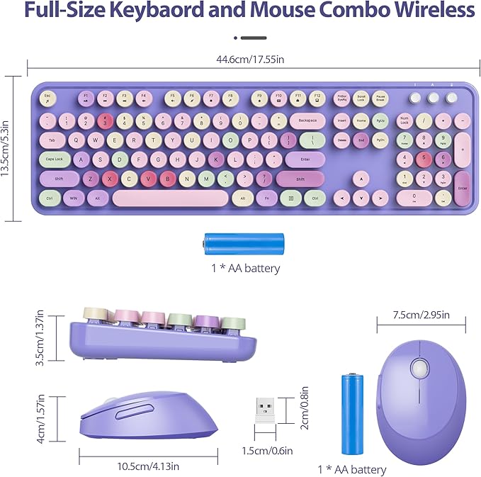 Fogruaden Purple Keyboard and Mouse Wireless, Retro Typewriter Keyboard, 2.4GHz 104 Keys Full Size Cute Keyboard with Number Pad, Purple Colorful Keyboard with Round Keycap for Windows PC Laptop