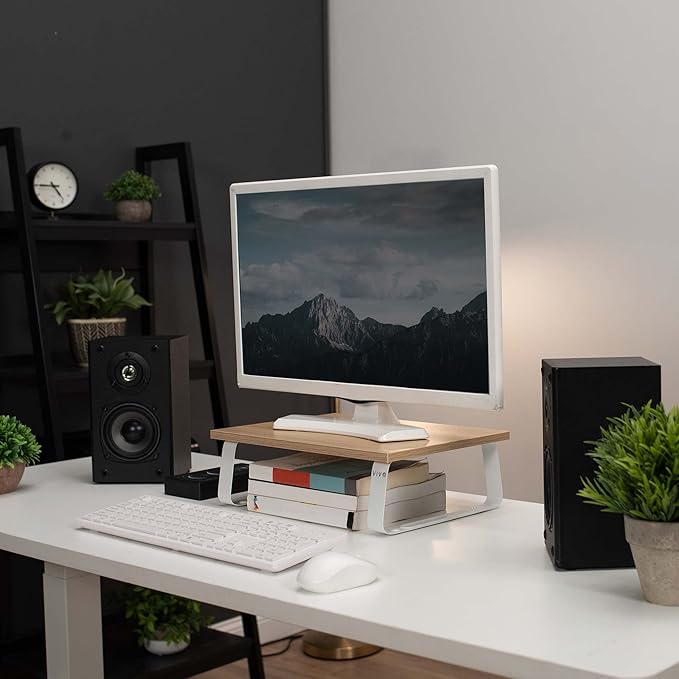 VIVO 15 inch Monitor Stand, Wood and Steel Desktop Riser, Screen, Keyboard, Laptop, Small TV Ergonomic Desk and Tabletop Organizer, Light Wood, STAND-V000WS