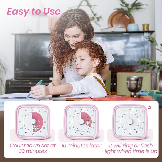 Yunbaoit Visual Timer with Protective Case, Unicorn Disk 60 Minute Countdown Timer for Kids and Adults, Silent Time Management Tool(Pink)