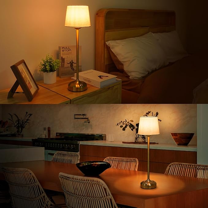 YAYZA! Cordless Table Lamp Adjustable Height Desk lamp, Fabric Shade 7500mAh Rechargeable LED Wireless Touch Night Light Stepless Dimming, 3 Color Temperatures with Edison Bulb (High Gold - 1 Pack)