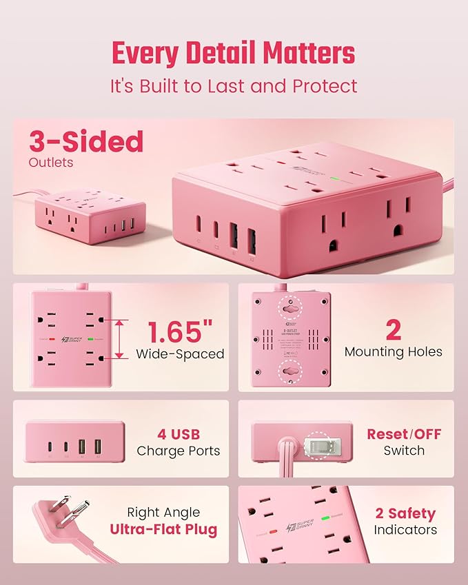 Pink Extension Cord 10Ft, Flat Plug Surge Protector Power Strip, 8 Outlets & 4 USB Ports (2 USB C), Cute Stuff Pink Room Decor, Home Office Kawaii Desk Accessories for Girls