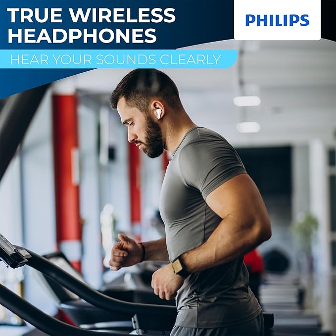 PHILIPS True Wireless Earbuds, TWS Bluetooth 5.3 Headphones, 13mm Drivers, AI Mic for Clear Calls, IPX4 Waterproof, 15 Hours Playtime, Compatible w/iPhone Android & Bluetooth Devices, TAT1138 White