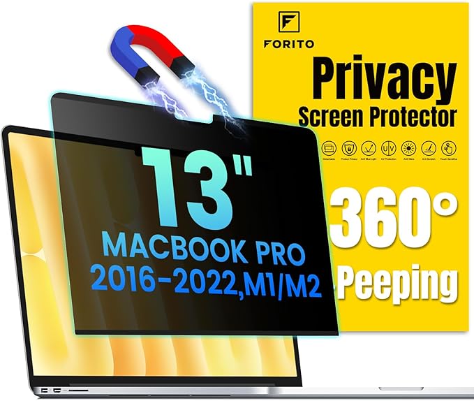 F FORITO Magnetic Privacy Screen Protector Compatible with MacBook Pro 13 inch (2016, 2017, 2018, 2019, 2020, 2021, 2022, M1, M2), Removable 360° Anti Peeping Anti Blue Light Laptop Privacy Shield