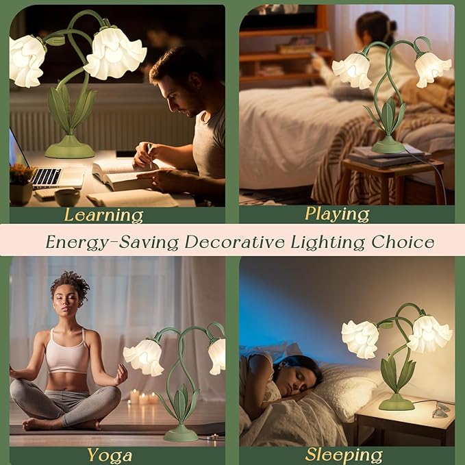 Cute Flower Table Lamp, Large Vintage Bedside Flower Lamp, 3 Colors Temperature Flower Lamp for Bedroom Living Room Bedside Reading Lighting Table Desk Lamps Home Decoration (Green)