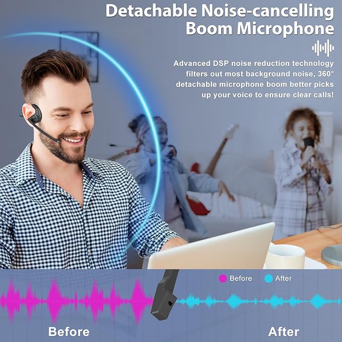 Trucker Bluetooth Headset, Open Ear Headphones with Detachable Noise Cancelling Mic, Wireless V5.3 Computer Headset with Boom Mic for Skype Zoom Face Time