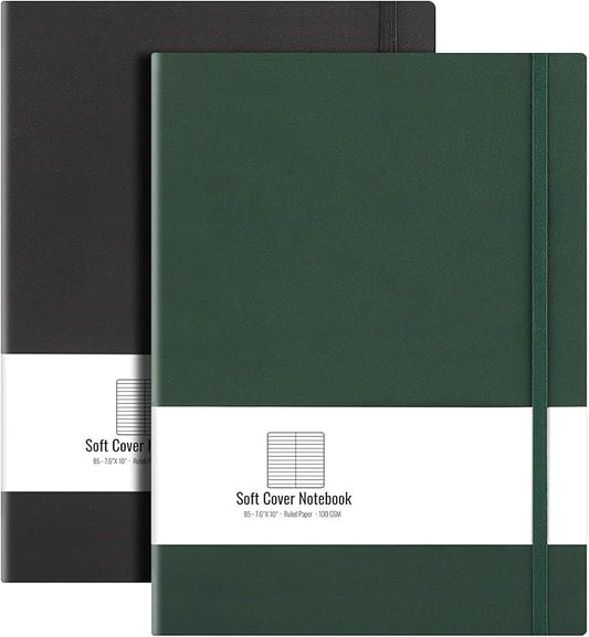 B5 College Ruled Notebook Softcover Journals (2-Pack)- AHGXG Large Composition Notebook 7.6 x 10 inch with Thick 100gsm Lined Paper, Total 408 Numbered Pages, Black Green