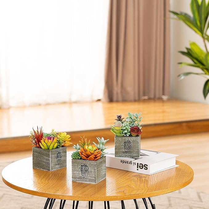 Mingfuxin Succulents Plants Artificial, Small Faux Plants with Lights, Assorted Decorative Fake Succulent Potted for Office Desk Bathroom Bedroom Shelves Windows Room Decor