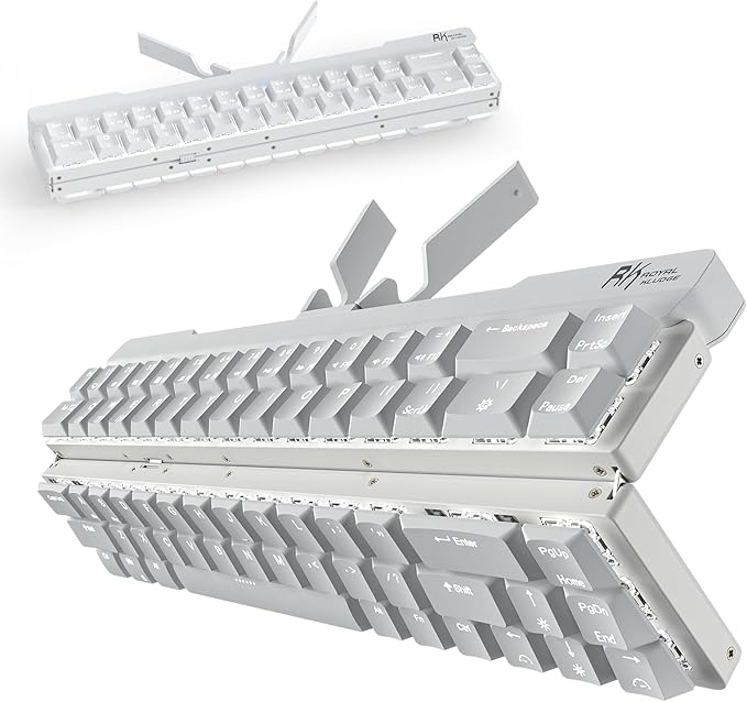 RK ROYAL KLUDGE F68 60% Foldable Low Profile Mechanical Keyboard, Wireless Mechanical Keyboard with Aluminum Body, Built-in Stand Holder, White Backlit, 68 Keys, Tactile Brown Switch