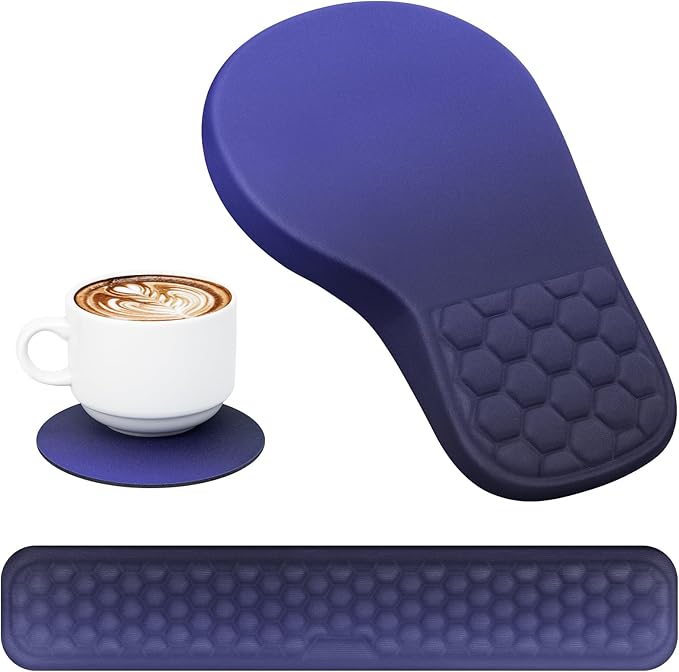 3 in 1 Ergonomic Mousepad with Wrist Rest, Gaming Keyboard Mouse Pad with Wrist Support Non-Slip Base Massage Design, Pain Relief (Blue/Black)