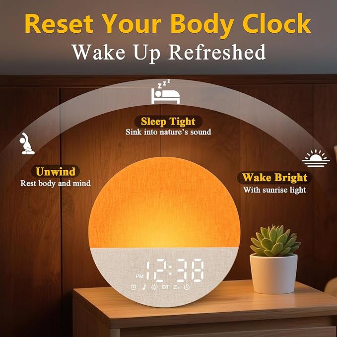Sunrise Alarm Clock with Sound Machine: Wake Up Light Gently to Gradual for Heavy Sleepers Sunlight Alarm with Bluetooth & Memory for Bedroom - White Noise Machine with 30 Sleep Relax Sounds - Beige