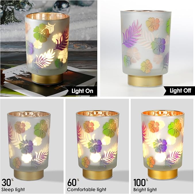 Eywamage Small Battery Operated Table Lamp, Glass Floral Lamp with Remote Timer, Cordless Accent Lamp Light for Bedroom Living Room