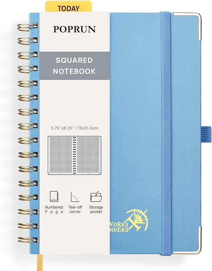 POPRUN Graph Paper Spiral Journal Notebook, [A5-5.75'' x 8.25''] - 120 GSM Thick Paper, 141 Numbered Pages, Grid Notebooks for Men & Women with Pocket, Index Tabs, 8 Perforated Sheets,Haze Blue